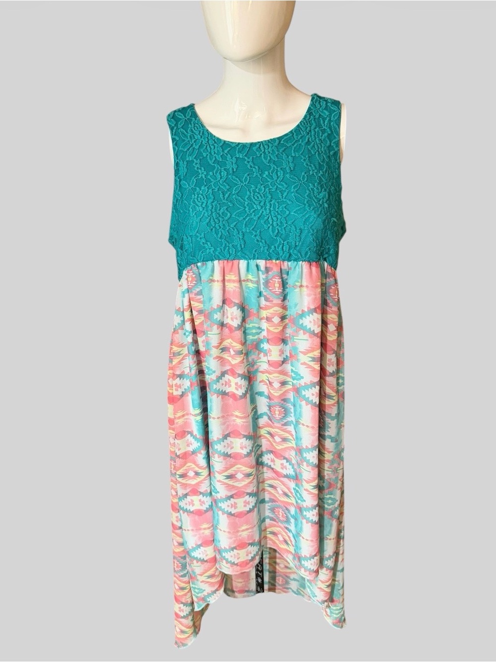 Pinky Teal Lace Bodice Pink & Teal Aztec Maxi Dress